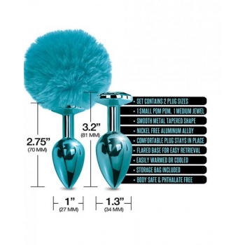 Nixie Metal Butt Plug Set Pom Pom & Jewel Blue Metallic