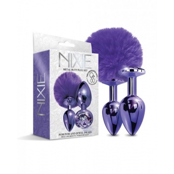 Nixie Metal Butt Plug Set Pom Pom & Jewel Purple Metallic