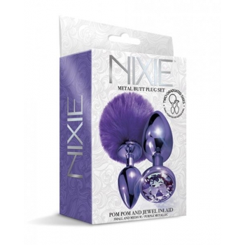 Nixie Metal Butt Plug Set Pom Pom & Jewel Purple Metallic