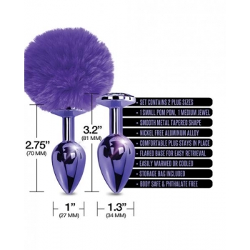 Nixie Metal Butt Plug Set Pom Pom & Jewel Purple Metallic