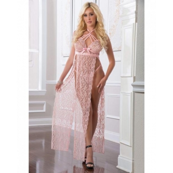 Enchanting Sweet Pink Sheer Lace Night Gown Set