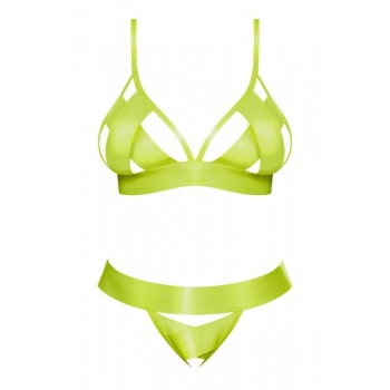 Neon Yellow Strap Tease Bra & Crotchless Panty Set - 2XL