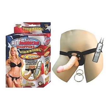 All American Whoppers 8-Inch Vibrating Dong and Universal Harness - Beige