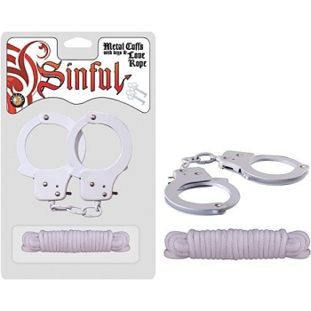 Sinful Metal Cuffs with Love Rope – White