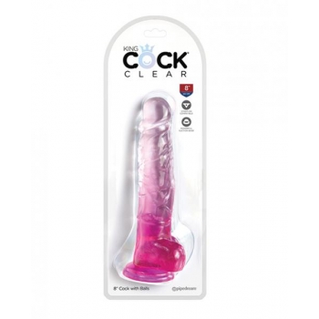 King Cock Clear 8in W/ Balls Pink