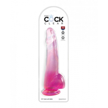 King Cock Clear 10in W/ Balls - Pink