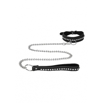 Diamond Studded Collar with Leash - Black