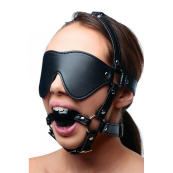 Strict Eye Mask Harness with Ball Gag - Black