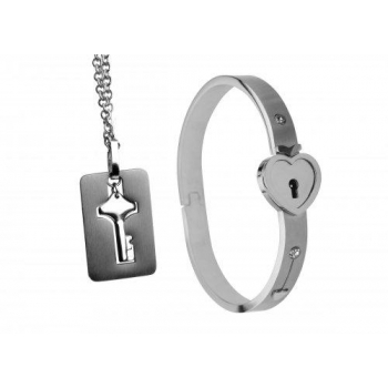 Cuffed Locking Bracelet and Key Necklace - Tungsten Steel