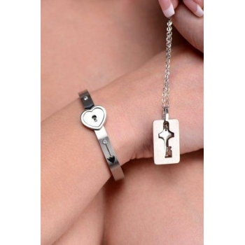 Cuffed Locking Bracelet and Key Necklace - Tungsten Steel